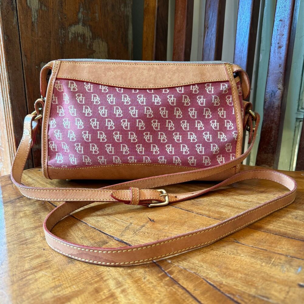 Dooney & Bourke Red Signature Canvas Tan Leather Crossbody Zipper Clutch